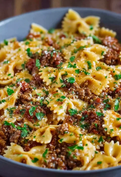 Easy Garlic Butter Bowtie Pasta Recipe Quick Beef Bowtie Pasta Dinner 30 Minute Garlic Beef Pasta Meal Family-friendly Gro...