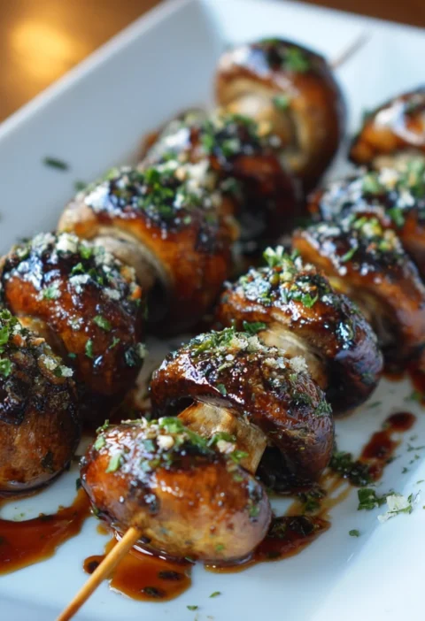 Balsamic Garlic Grilled Mushroom Skewers