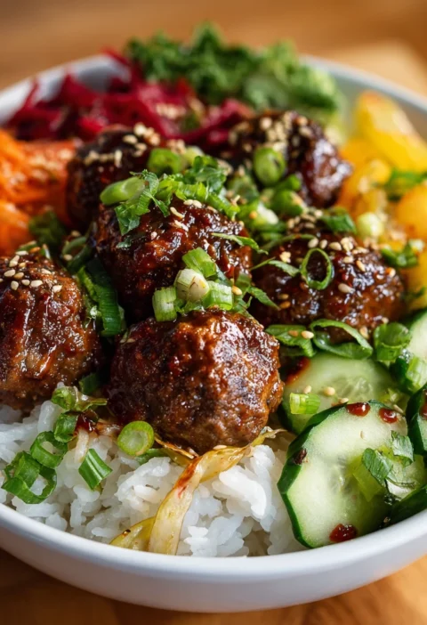 Best Korean BBQ Meatball Recipe Easy Homemade Korean BBQ Meatballs Korean BBQ Meatball Rice Bowl Ideas Gluten-free Korean ...