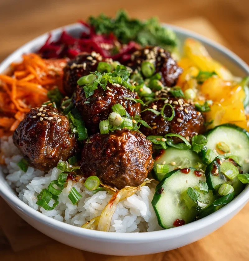 Best Korean BBQ Meatball Recipe Easy Homemade Korean BBQ Meatballs Korean BBQ Meatball Rice Bowl Ideas Gluten-free Korean ...