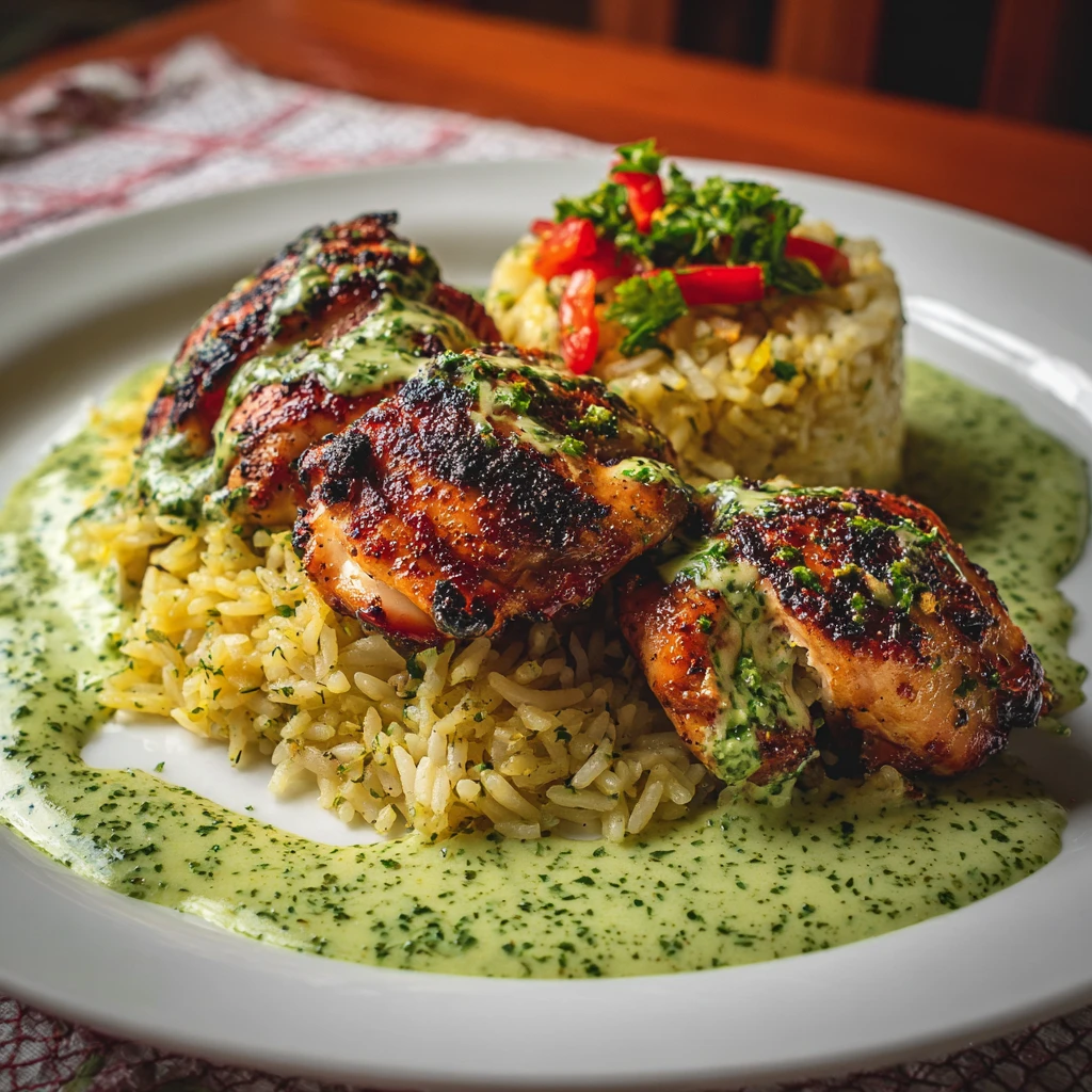 Peruvian Chicken and Rice with Green Sauce
