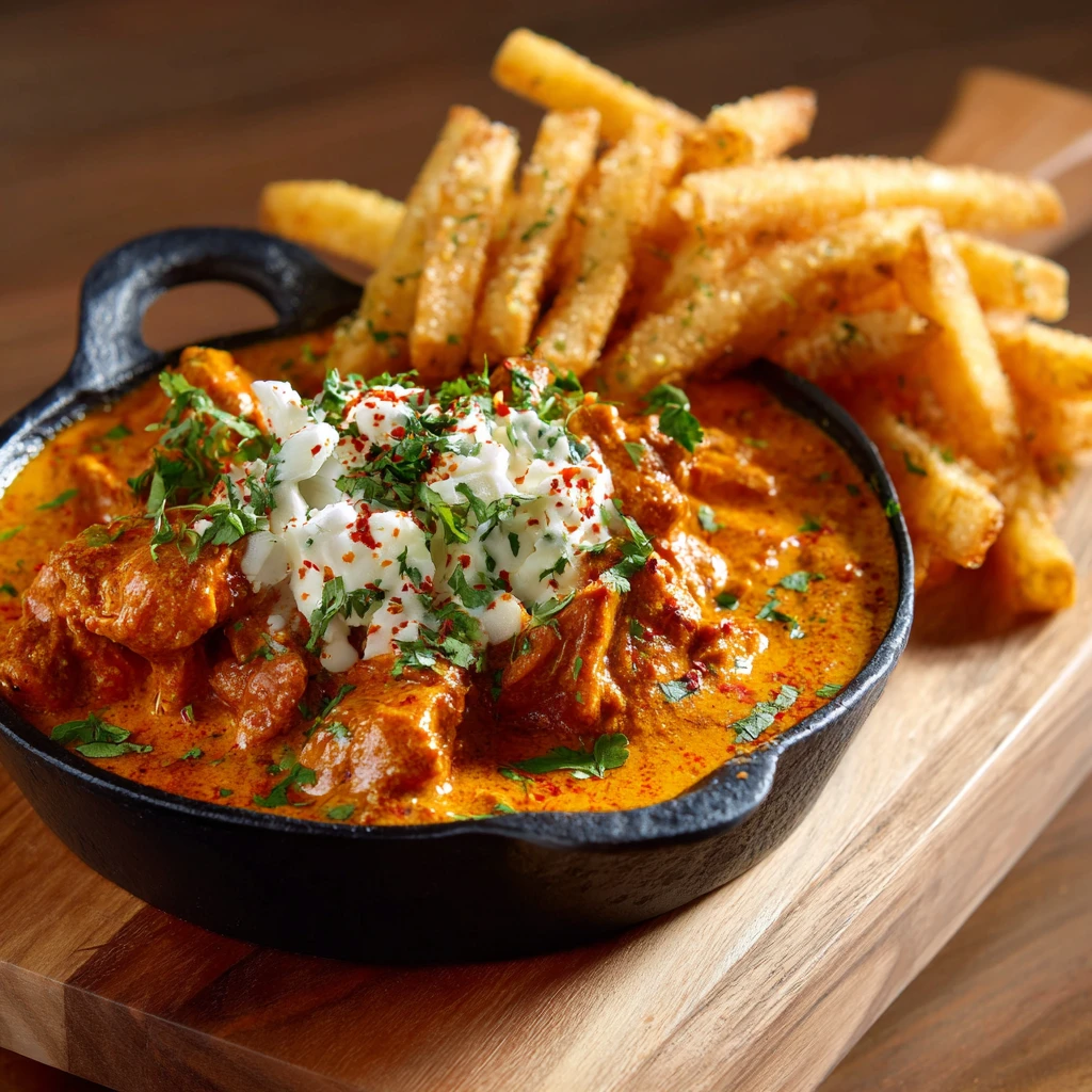 Butter Chicken with Garlic Sauce and Crispy Fries delights!