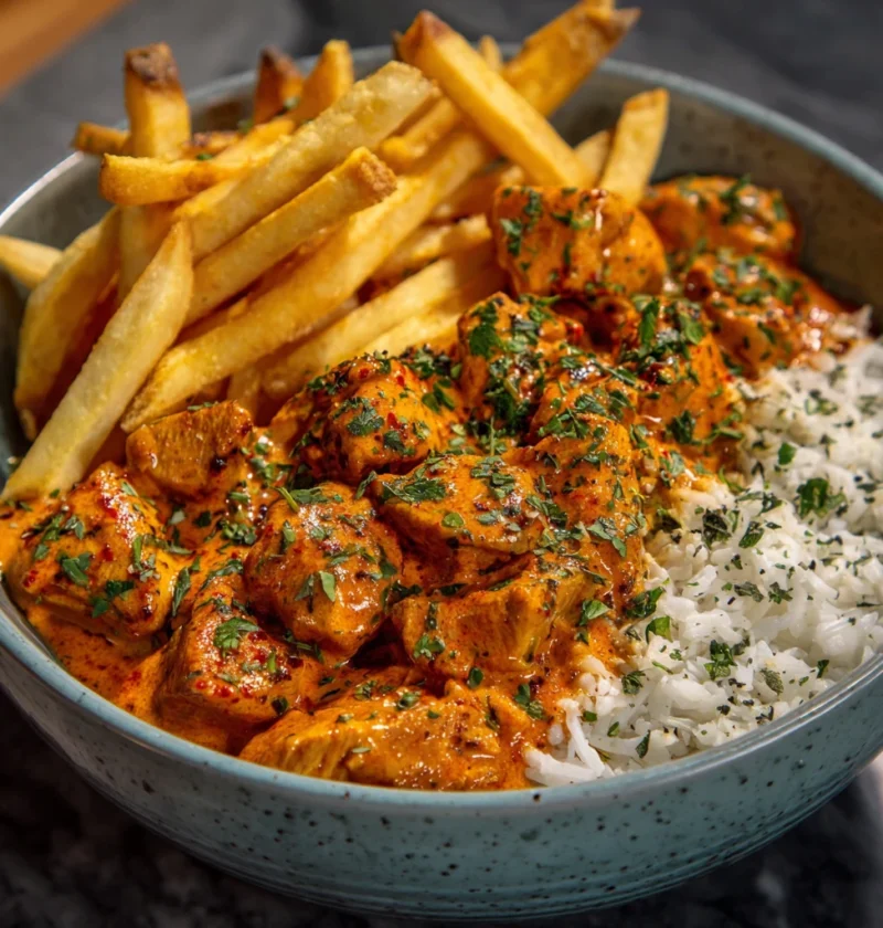 Butter Chicken Rice Bowl Recipe Easy Butter Chicken With Fries Homemade Butter Chicken Rice Bowl Gluten-free Butter Chicke...