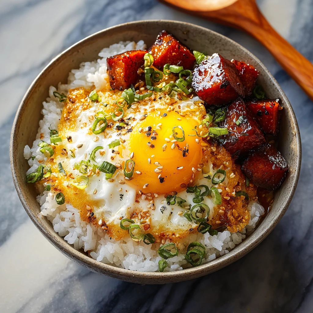 Caramelized Spam and Eggs Over Rice