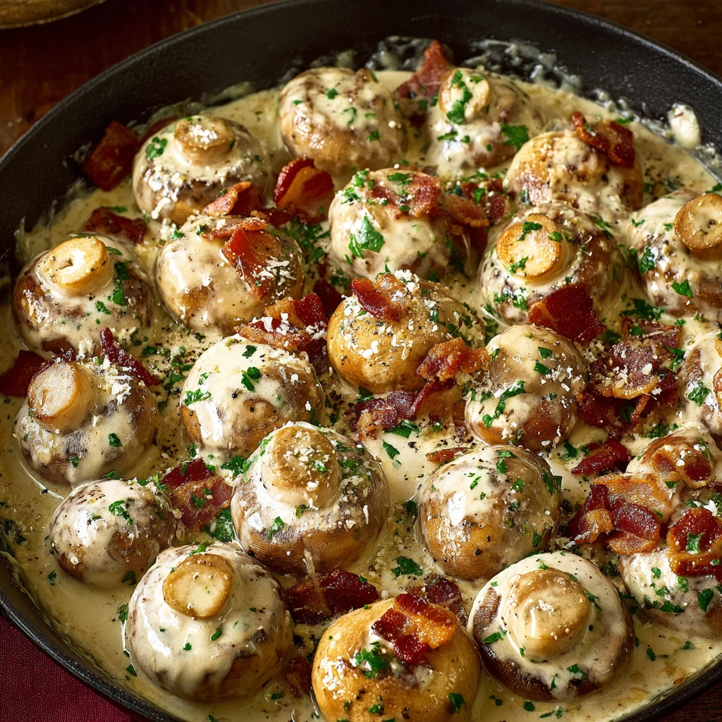 Creamy Garlic Mushrooms with Crispy Bacon and Parmesan – A Skillet Dream You’ll Crave Every Time