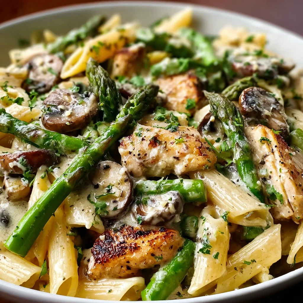 Creamy Mushroom and Asparagus Chicken Penne