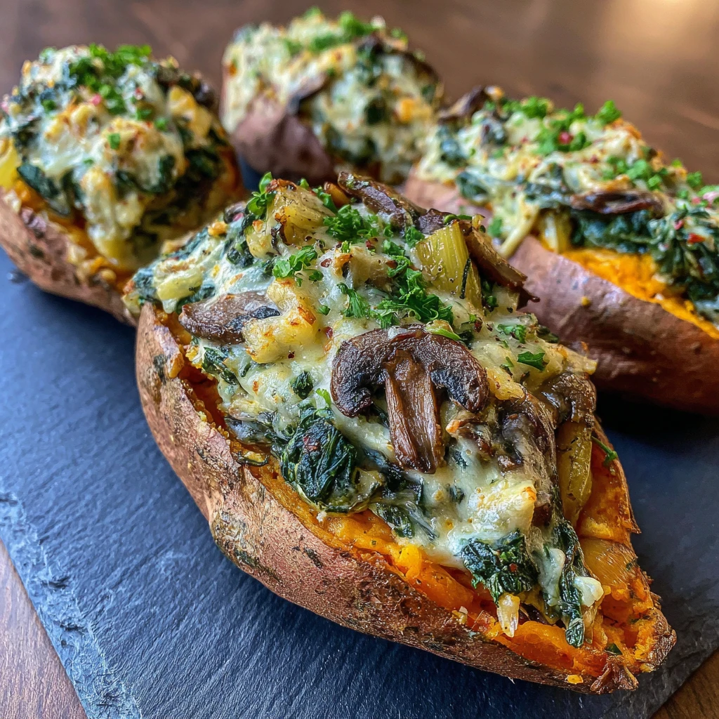 Creamy Mushroom and Spinach Stuffed Sweet Potatoes