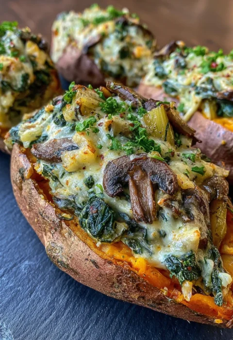 Creamy Mushroom Spinach Stuffed Sweet Potatoes
