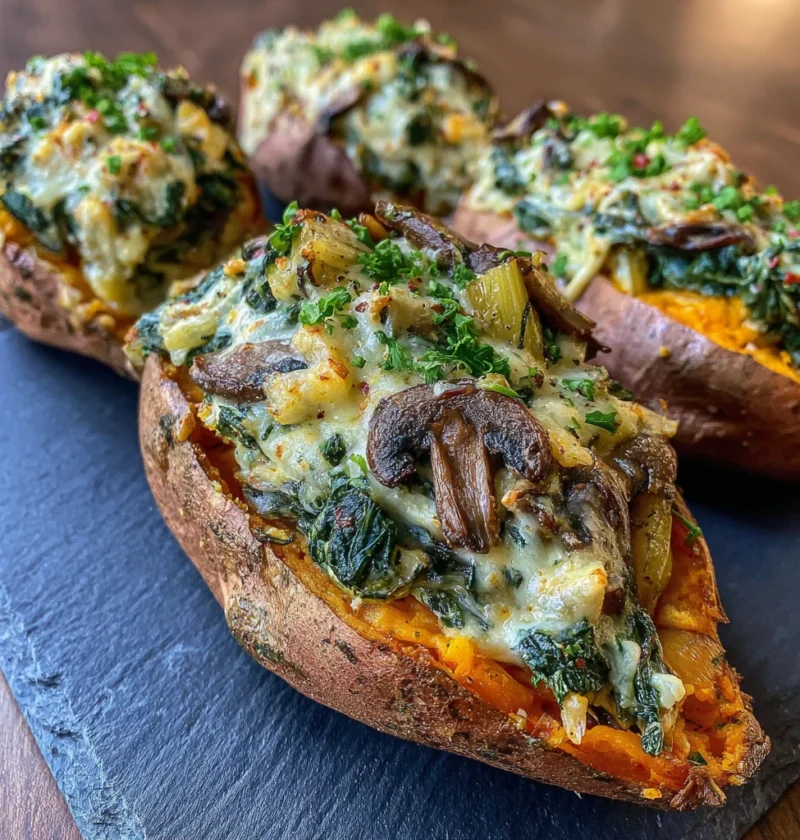 Creamy Mushroom Spinach Stuffed Sweet Potatoes