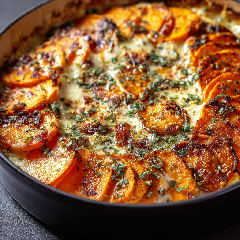 Creamy Sweet Potato and Bacon Bake with Coconut Milk and Herbs