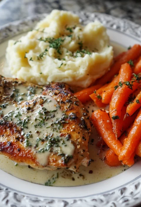 Easy Creamy Herb Chicken Recipe Best Mashed Potatoes For Chicken Dinner Glazed Carrots With Honey Recipe Herb Chicken With...