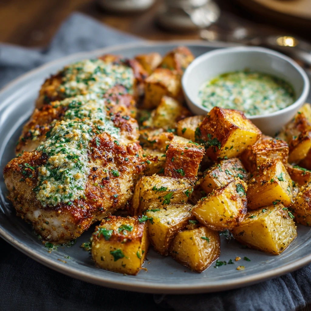 Garlic Parmesan Chicken & Crispy Roasted Potatoes the Garlic Herb Sauce