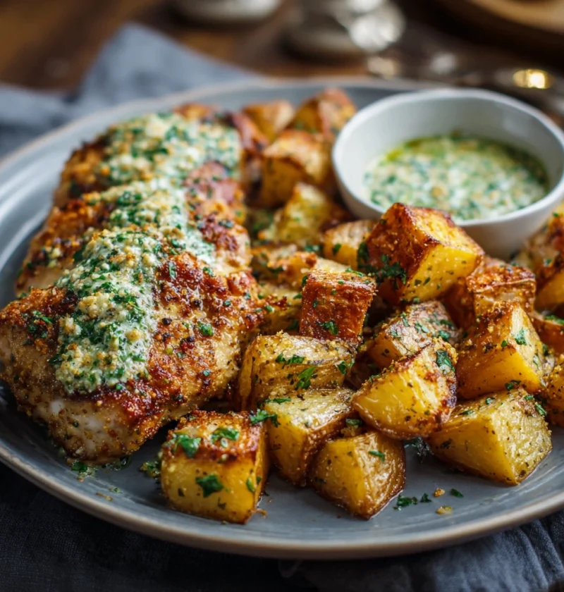 Easy Garlic Parmesan Chicken Recipe Homemade Crispy Roasted Potatoes Best Garlic Herb Sauce For Chicken Garlic Parmesan Ch...