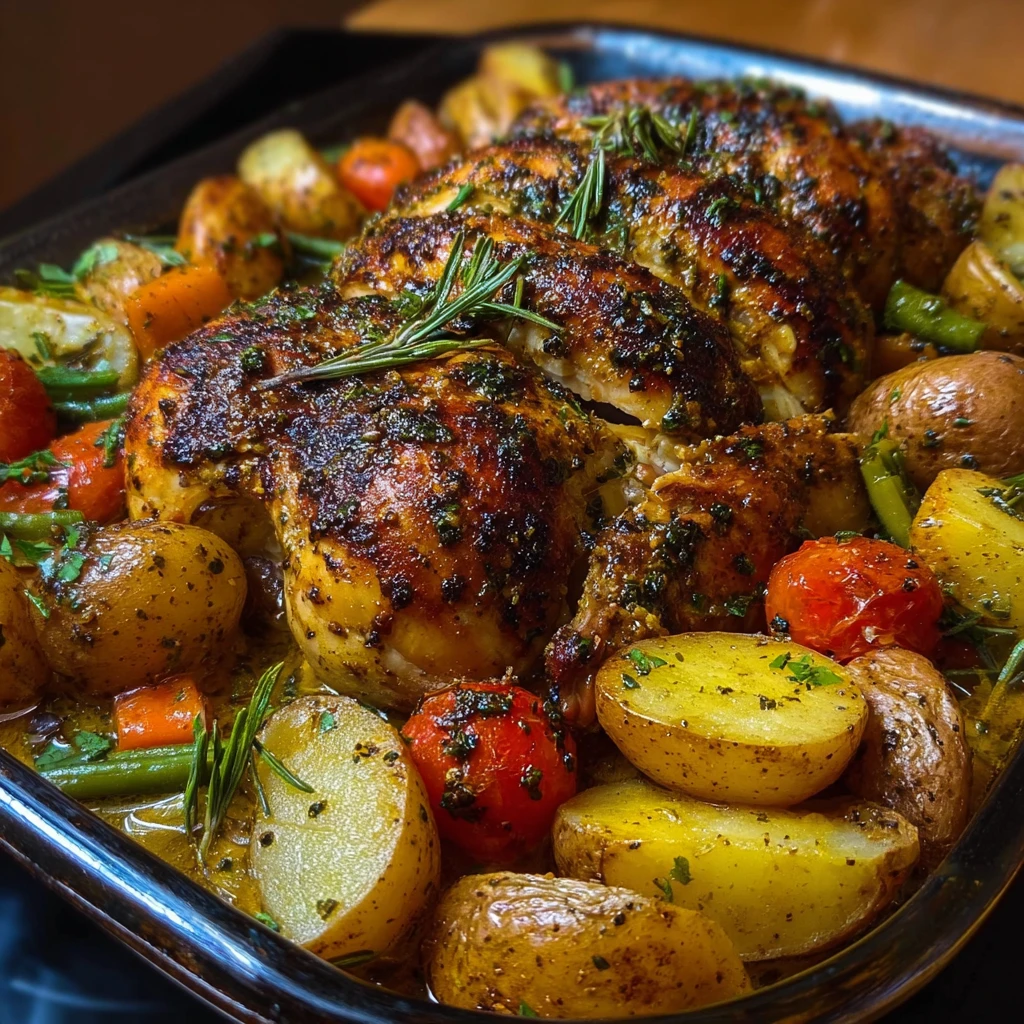 Herb-Roasted Chicken with Garlic Potatoes & Veggies