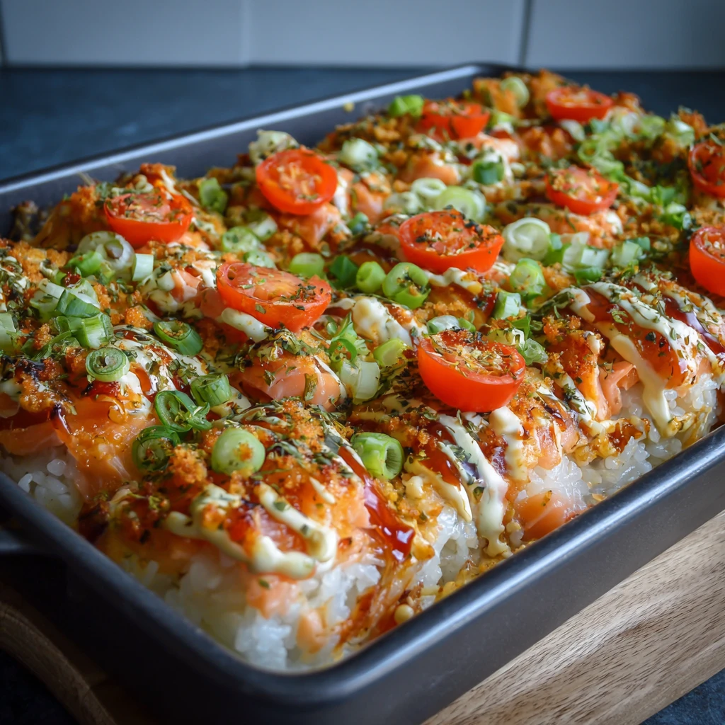 Easy Spicy Salmon Sushi Bake Recipe - Dinner Idea-