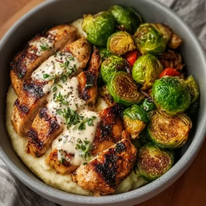 Grilled Chicken Bowl with Roasted Brussels & Creamy Garlic Mash