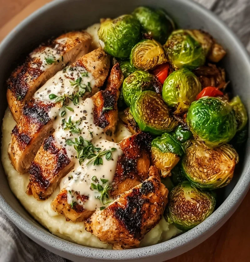 Grilled Chicken Bowl Roasted Brussels Creamy Garlic Mash