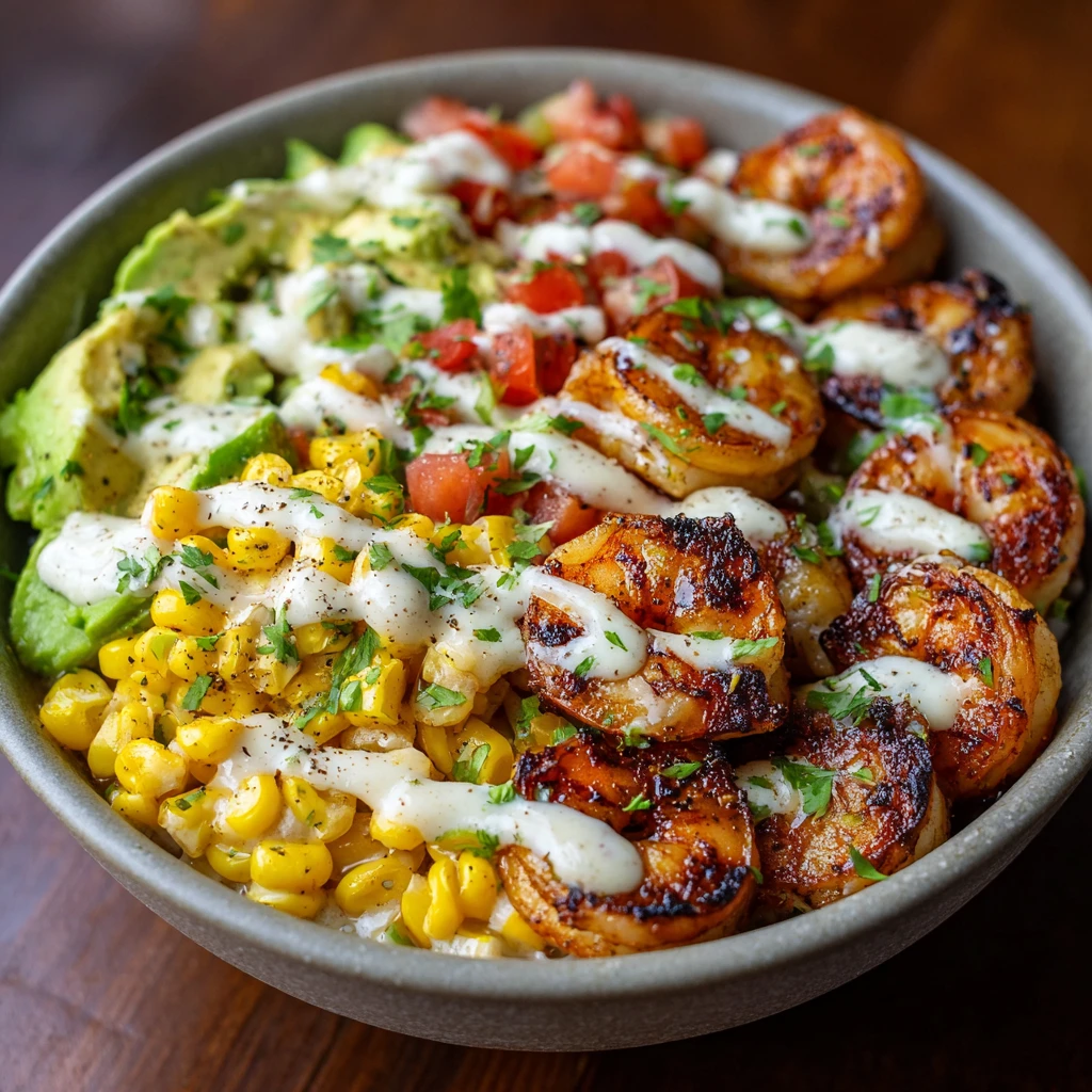 Grilled Shrimp Bowl with Avocado, Corn Salsa & Creamy Garlic Sauce