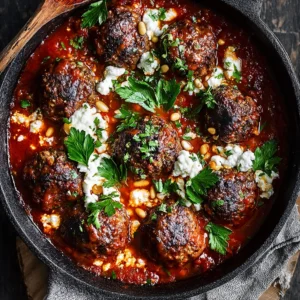 Lamb & Beef Meatballs in Spiced Tomato–Mushroom Sauce with Feta & Pine Nuts
