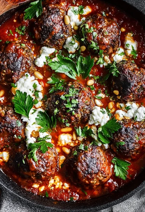Lamb Beef Meatballs Spiced Tomatomushroom Sauce Feta Pine