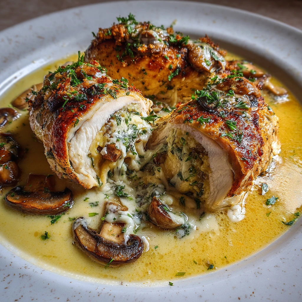 Mushroom and Cheese Stuffed Chicken in Garlic Butter Sauce