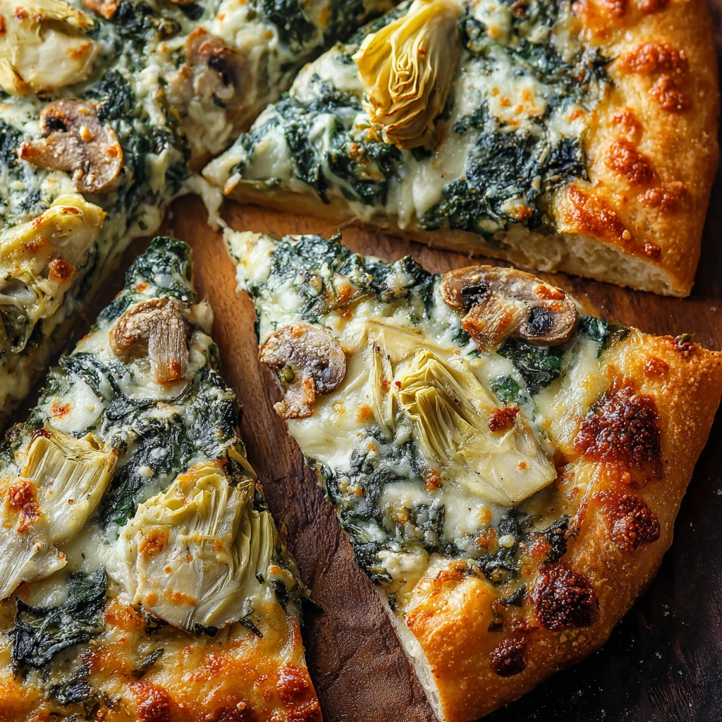 Spinach, Artichoke & Mushroom Pizza with Creamy Cheese Topping