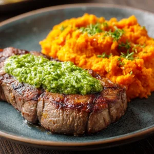 Steak with Green Sauce and Mashed Sweet Potatoes home made