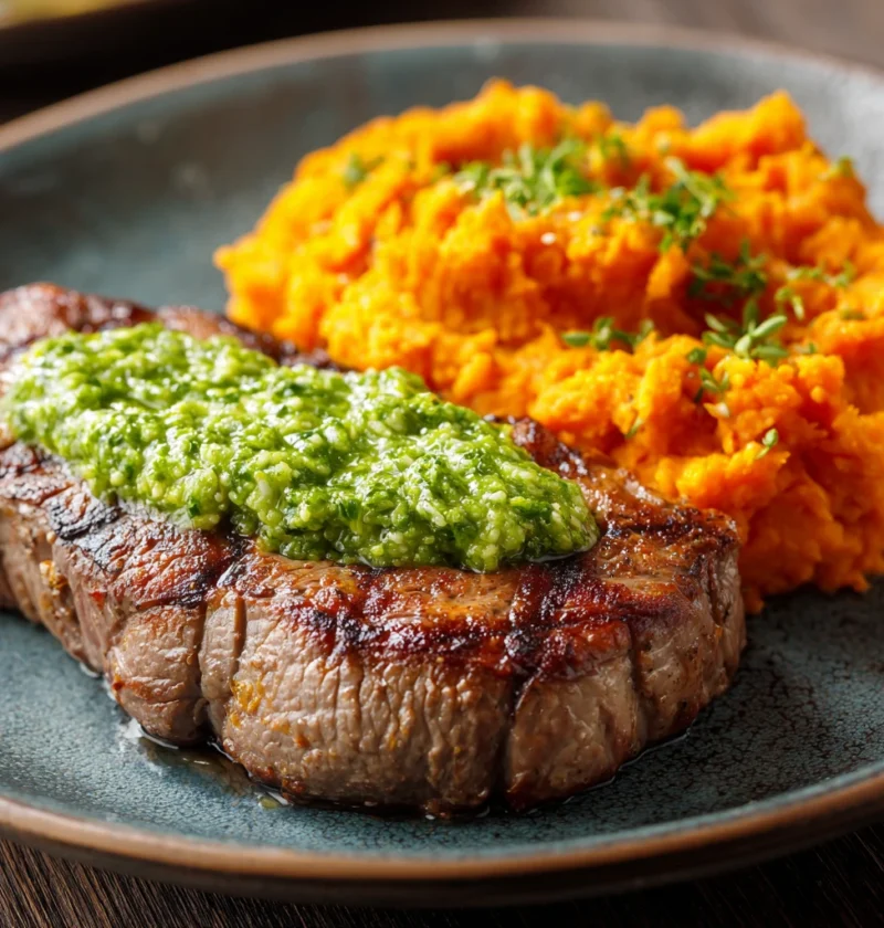 Steak Green Sauce Mashed Sweet Potatoes Home Made