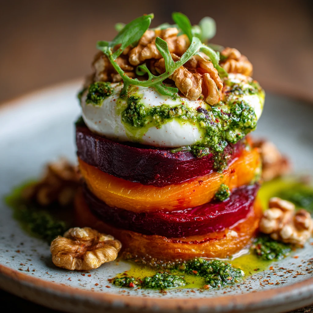 Sweet Potato & Beet Stacks with Pesto, Burrata & Walnuts