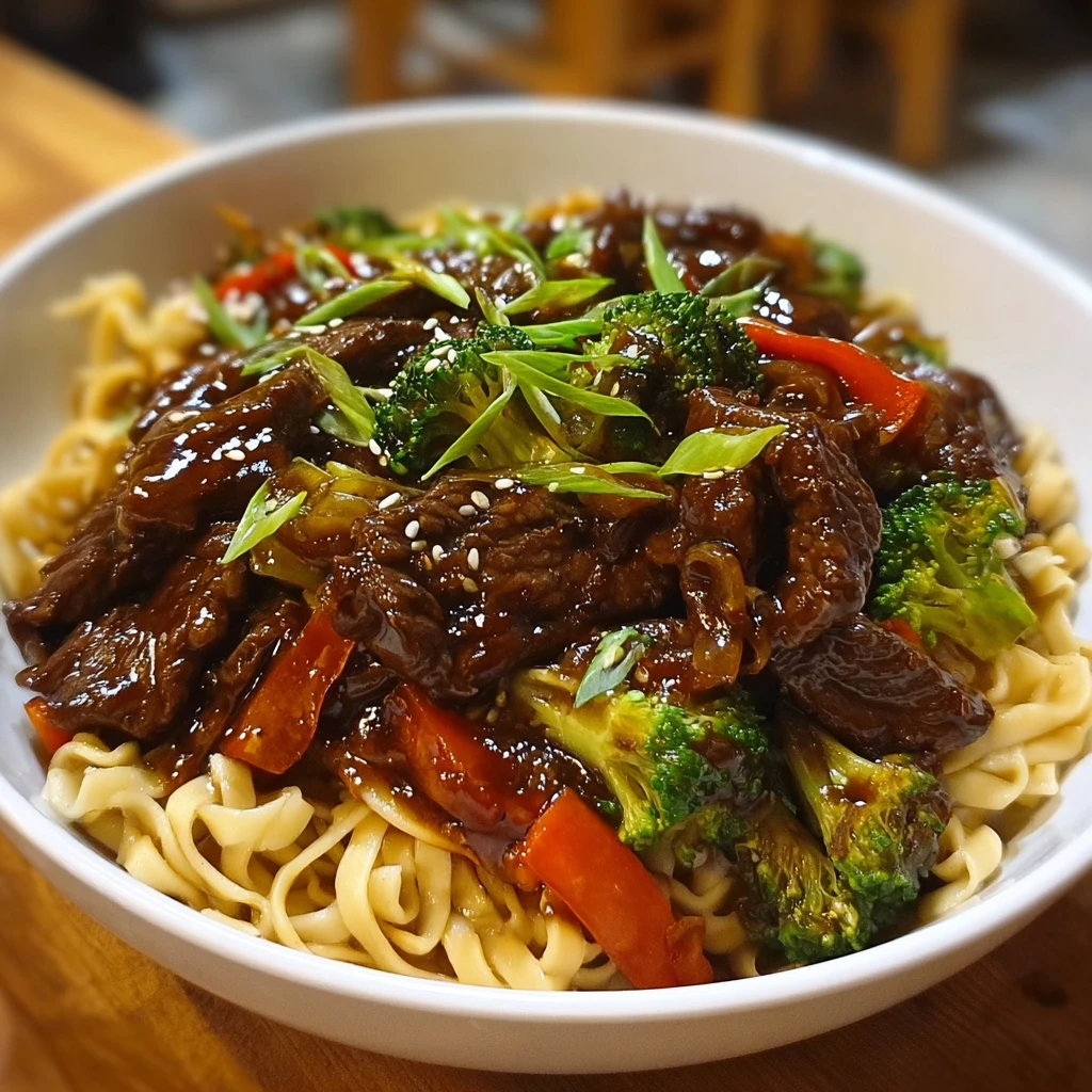 Sweet & Savory Sticky Beef Stir Fry Over Noodles