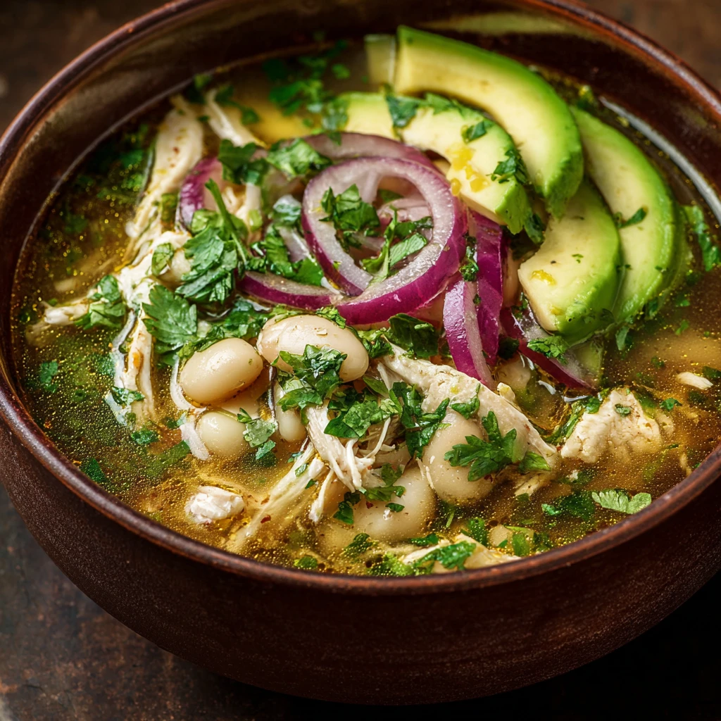 Zesty Green Chicken Chili Soup with White Beans & Avocado