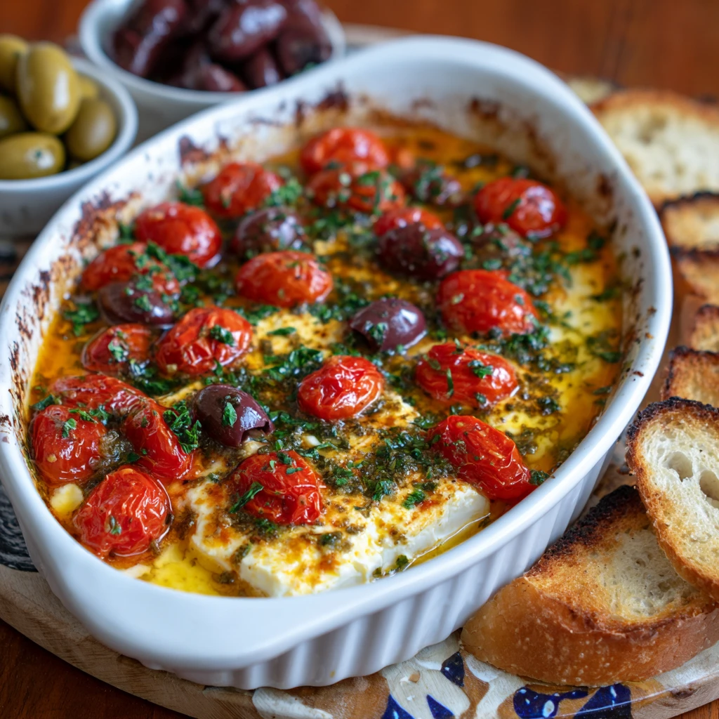 Baked Feta Cheese with Tomatoes & Olives : Easy Appetizer
