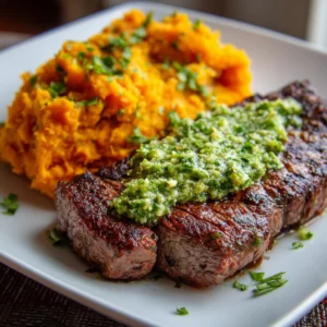 Steak with Green Sauce and Mashed Sweet Potatoes