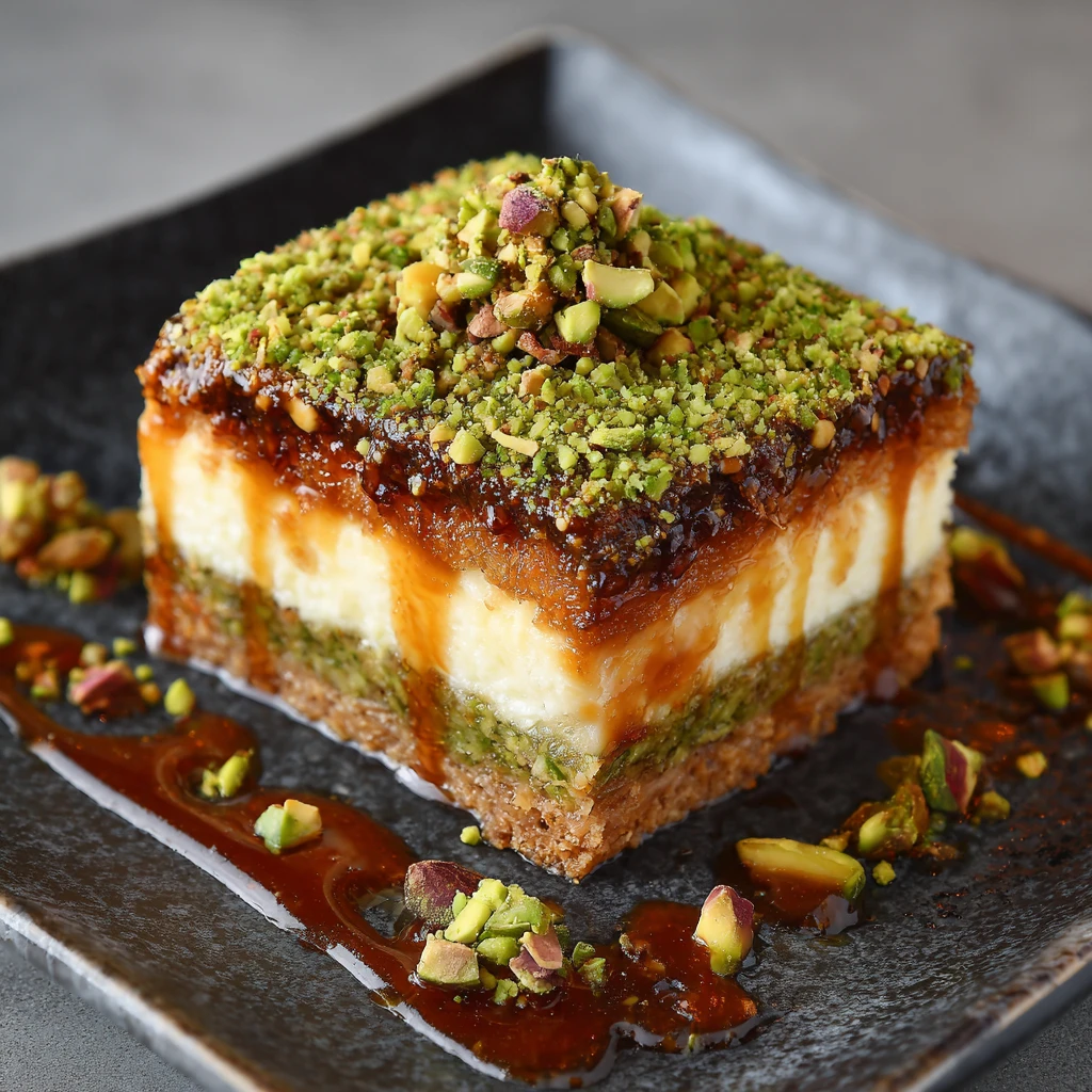 Cheesecake Of Baklava Pistachio with Honey Sauce irresistible