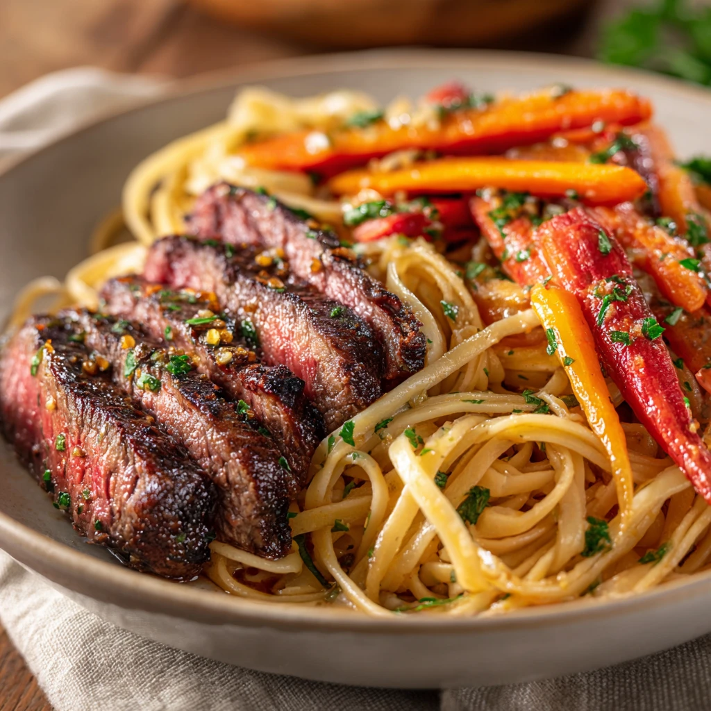 Cowboy Butter Steak Linguine with Roasted Carrots & Parsley Recipe