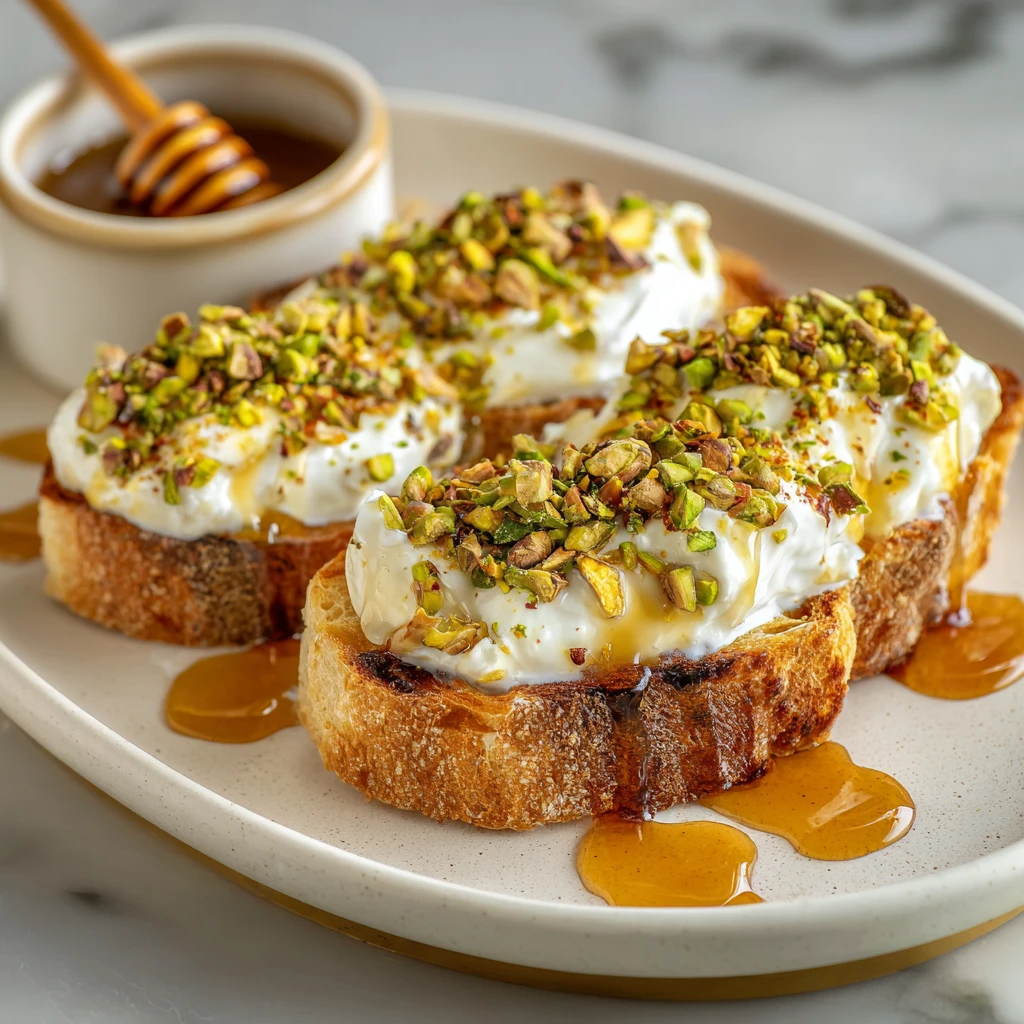 Creamy Burrata Toast Topped with Crunchy Pistachios and Drizzled Hot Honey Delight