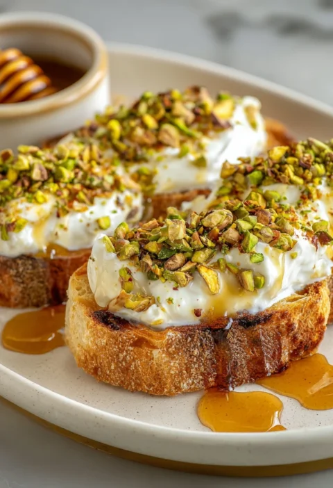 Creamy Burrata Toast Topped Crunchy Pistachios Drizzled Hot