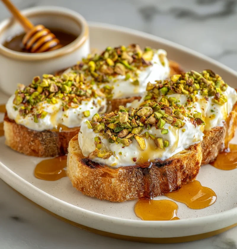 Creamy Burrata Toast Topped Crunchy Pistachios Drizzled Hot