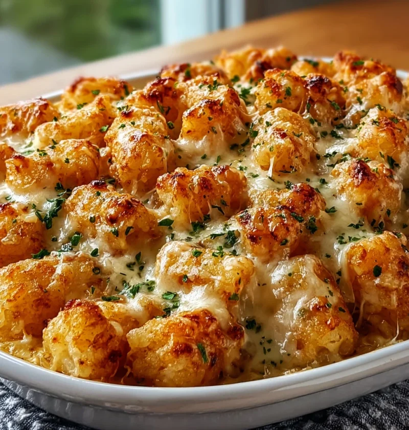 Creamy Chicken Alfredo Tater Tot Bake Recipe Easy Chicken Alfredo Tater Tot Casserole Best Tater Tot Bake With Chicken Alf...