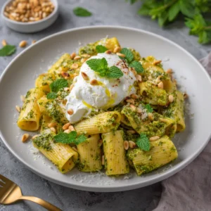 Creamy Lemon Pesto Rigatoni with Burrata & Pine Nuts