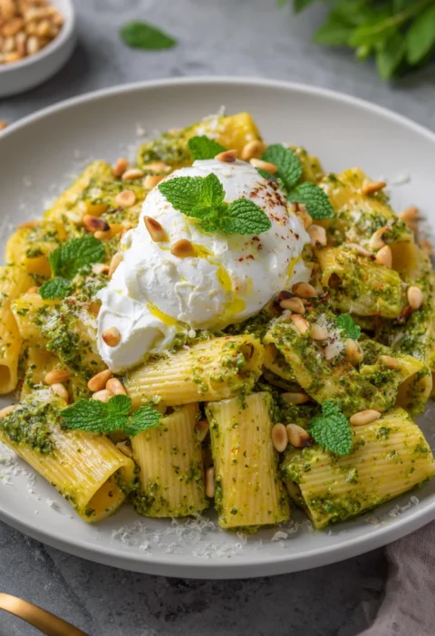 Creamy Lemon Pesto Rigatoni Recipe Burrata Pine Nut Pasta Dish Best Creamy Pesto Rigatoni How To Make Lemon Pesto Pasta Ve...