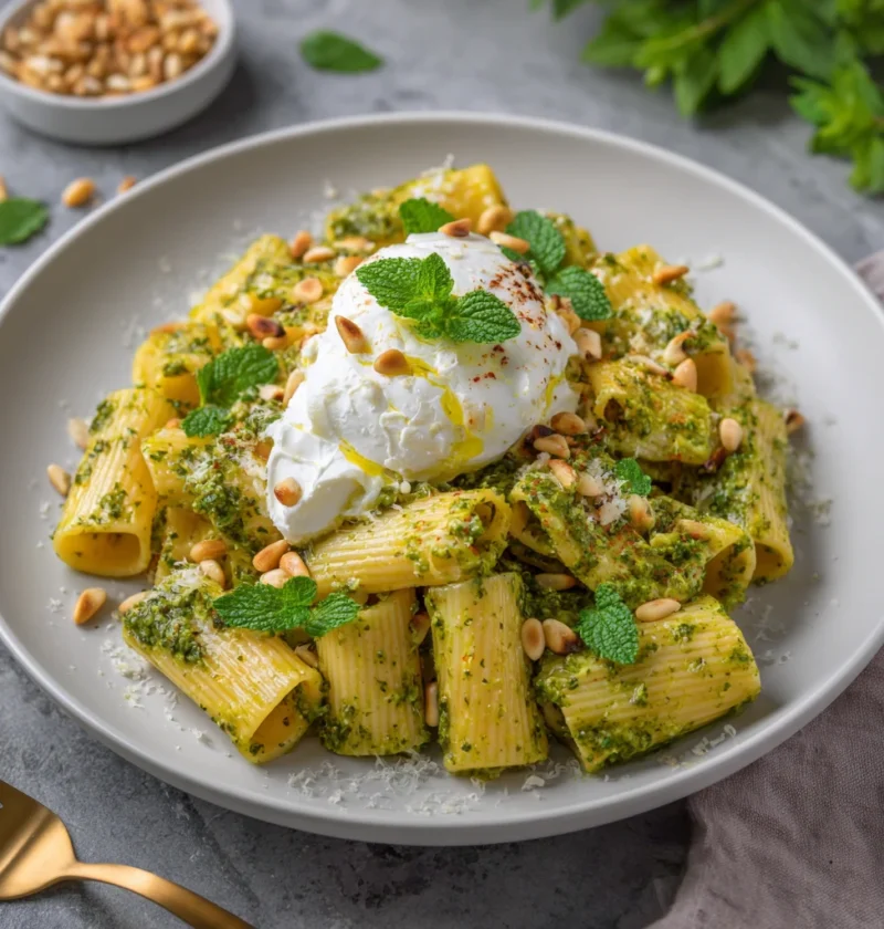 Creamy Lemon Pesto Rigatoni Recipe Burrata Pine Nut Pasta Dish Best Creamy Pesto Rigatoni How To Make Lemon Pesto Pasta Ve...