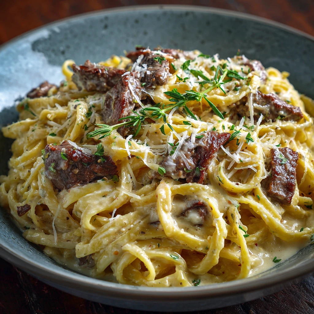 Creamy Parmesan Beef Linguine with Garlic Butter Sauce