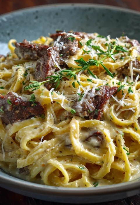 Creamy Parmesan Beef Linguine Garlic Butter Sauce