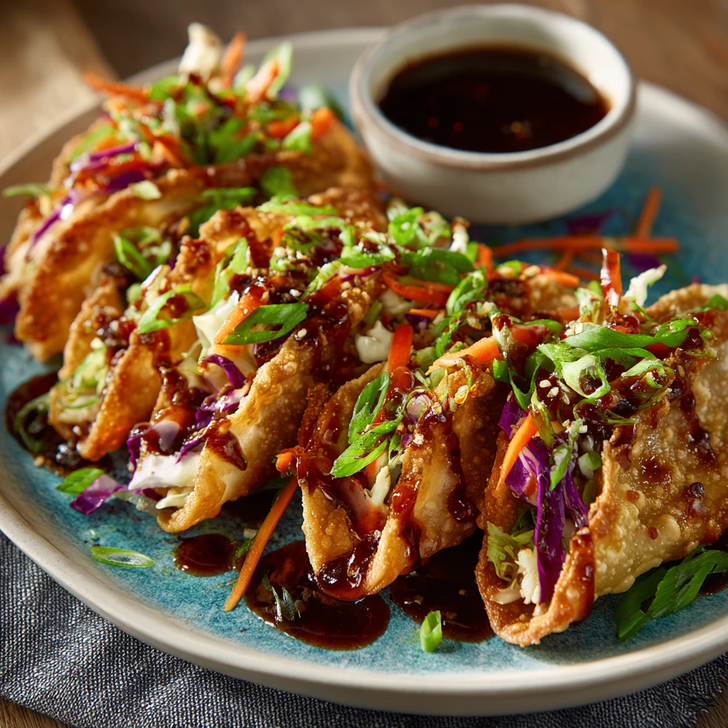 Crispy Chicken Wonton Tacos with Teriyaki Glaze