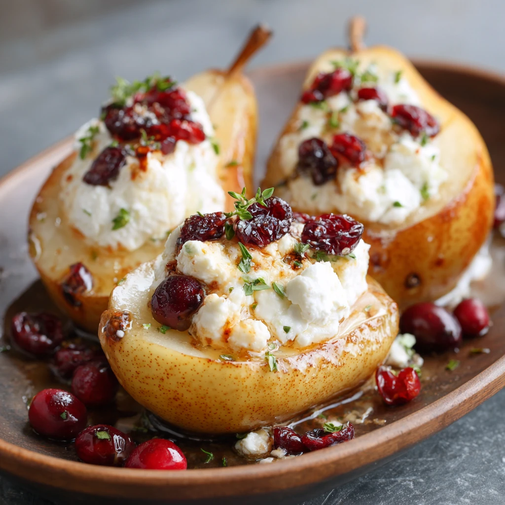 Easy Baked Pears with Goat Cheese , Honey and cranberries