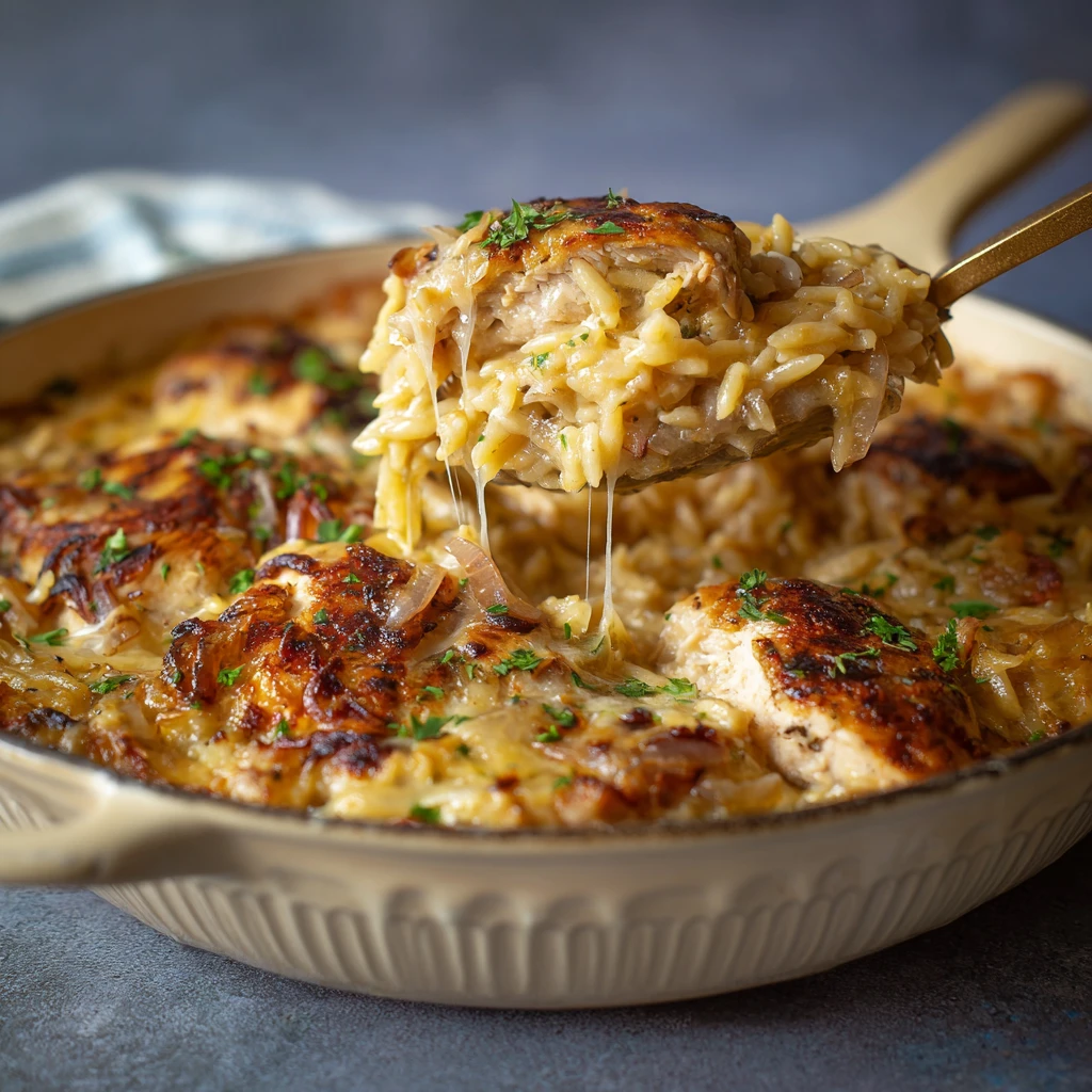 French Onion Chicken Orzo Casserole