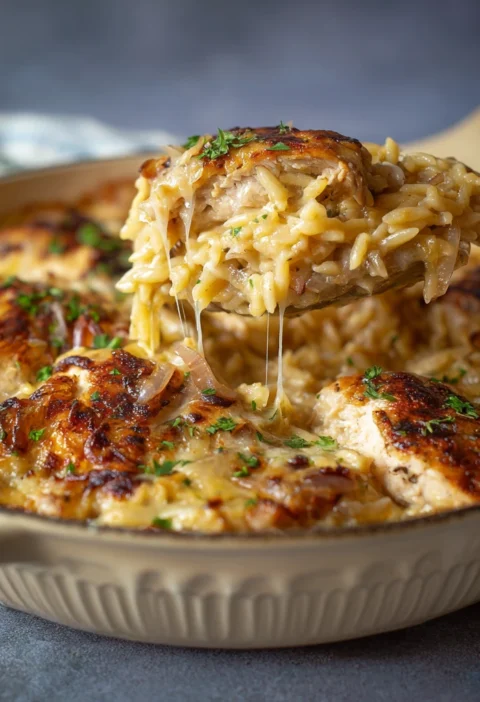 Easy French Onion Chicken Orzo Casserole Recipe Best Cheese For French Onion Chicken Orzo Homemade French Onion Chicken Or...