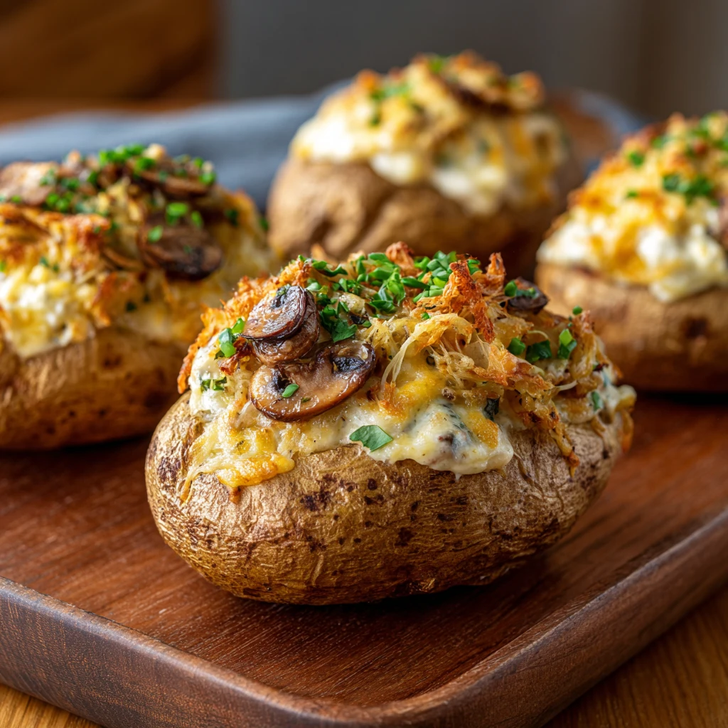 French Onion and Mushroom Stuffed Baked Potatoes