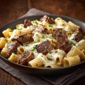 Garlic Butter Steak Bites with Creamy Alfredo Rigatoni Recipe